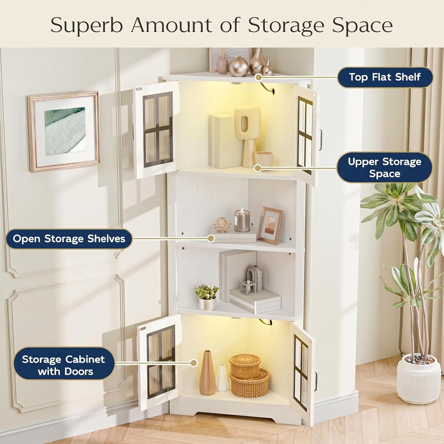 Corner Cabinet with Glass Doors and LED Lights, 67" Tall Corner Pantry Cabinet, Modern Farmhouse Corner Cabinet Organizer for Bathroom Kitchen Living Room, White