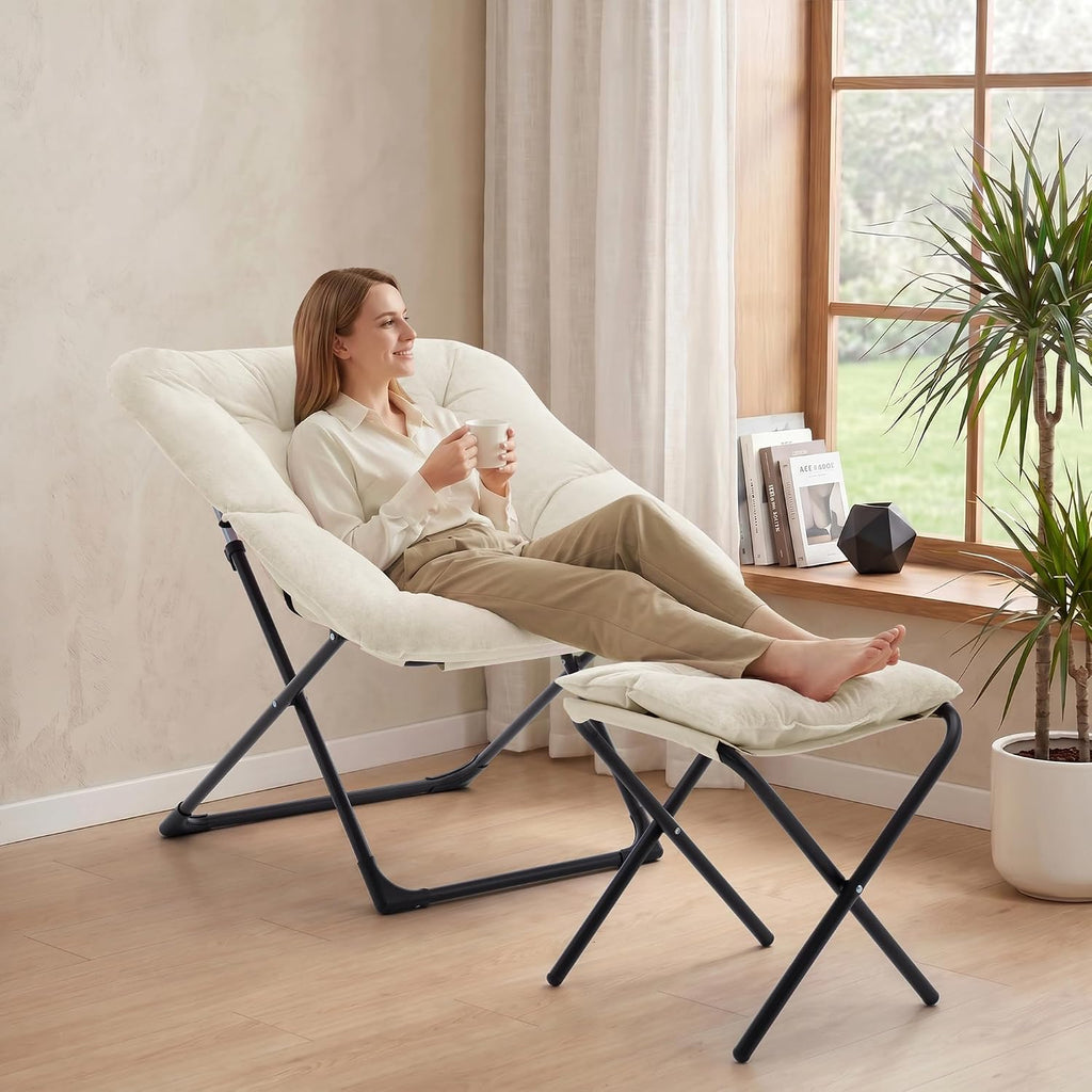 Saucer Chair with Ottoman, Foldable Living Room Chairs, Faux Fur Comfy Reading Chair, Lounge Chair for Bedroom Dorm Small Spaces, Beige