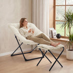Saucer Chair with Ottoman, Foldable Living Room Chairs, Faux Fur Comfy Reading Chair, Lounge Chair for Bedroom Dorm Small Spaces, Beige