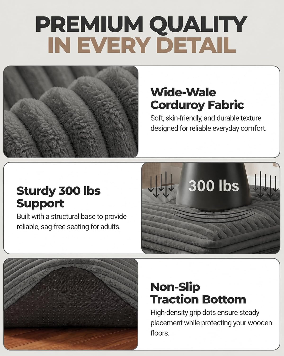 23.6in Pouf Ottoman, Corduroy Footstool Foot Rest Floor Seating | Dual-layer support with soft chunk-foam top & firm base. Ideal floor footrest & extra seating for living room, Dark Gray