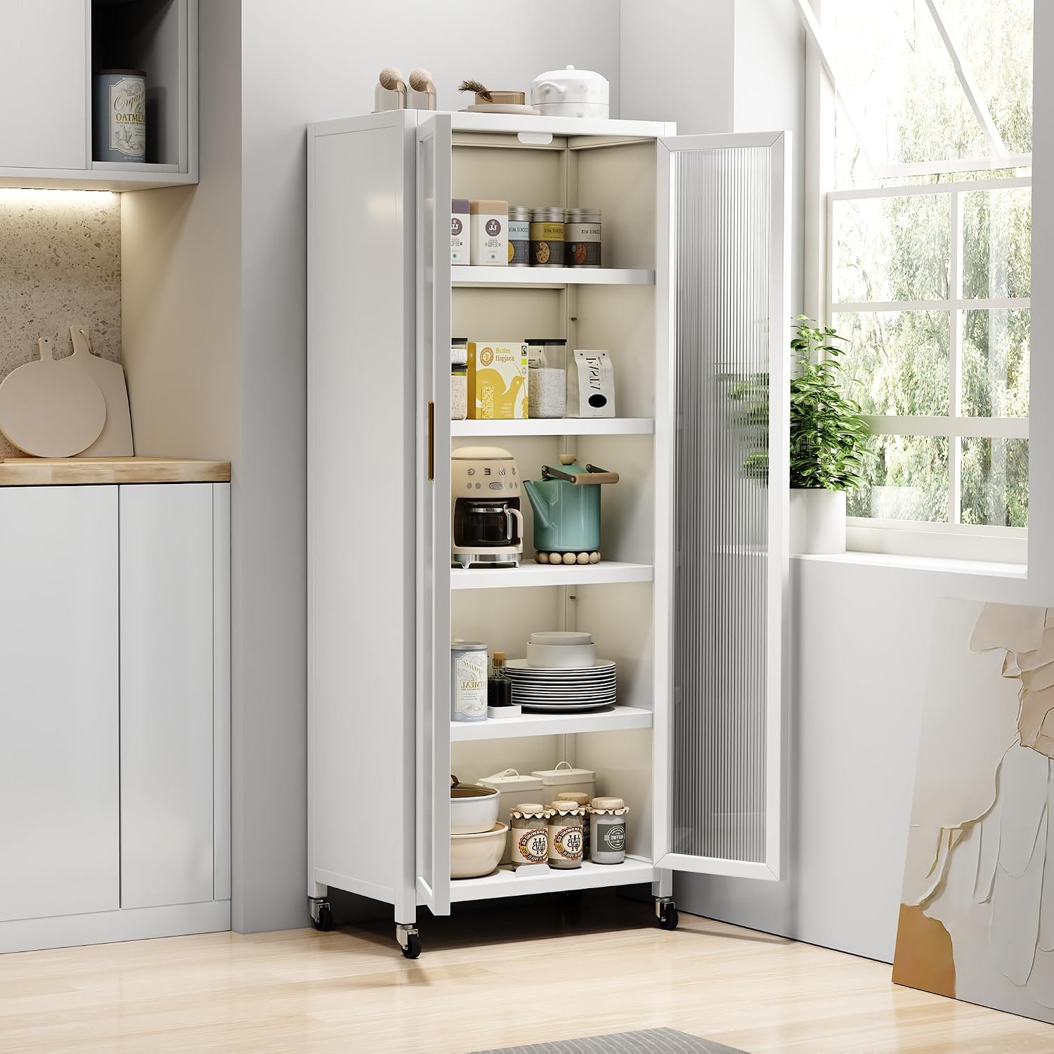6 Tier 63" Kitchen Appliance Storage,Appliance Cabinet,Bakers Rack with Doors with Transparent Flap Door Design Kitchen Storage Shelves,Microwave Stand for Dining Room White