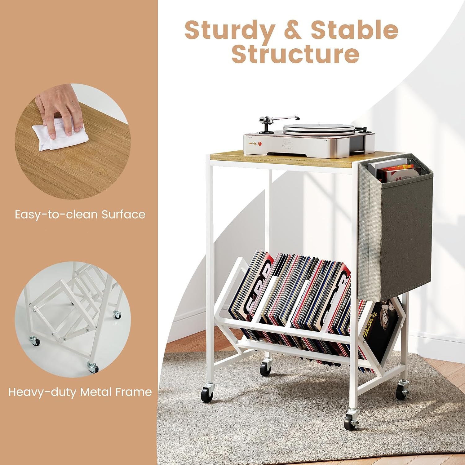 GOFLAME Rolling Record Player Stand, 2-Tier Turntable Stand with Fabric Side Pocket, Bottom Storage Shelf & Wheels, Movable Vinyl Storage Shelf for Living Room, Bedroom, Natural & White