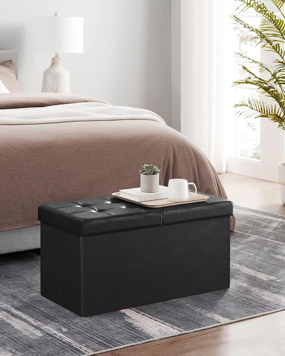 SONGMICS 30 Inches Folding Storage Ottoman Bench with Flipping Lid | Storage Chest Footrest Padded Seat, MDF Support, Ink Black, MINOTA Collection ULSF45BK