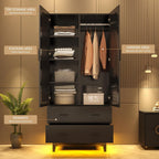 Hlivelood 2 Door Armoire Wardrobe Closet Cabinet with Mirror, Drawers and LED Lights, Multi-Tier Shelves, Hanging Rod & 2 Louver Doors, Large Capacity Storage Wardrobe Armoire for Bedroom, Black