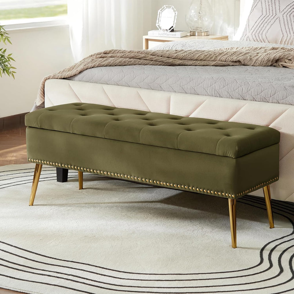 HULALA HOME Modern Velvet Storage Ottoman Bench with Gold Base & Nailhead Trim, Upholstered Bedroom Bench for End of Bed, Button-Tufted Footstool for Entryway Living Room Dining Room, Moss