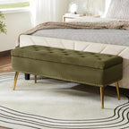 HULALA HOME Modern Velvet Storage Ottoman Bench with Gold Base & Nailhead Trim, Upholstered Bedroom Bench for End of Bed, Button-Tufted Footstool for Entryway Living Room Dining Room, Moss