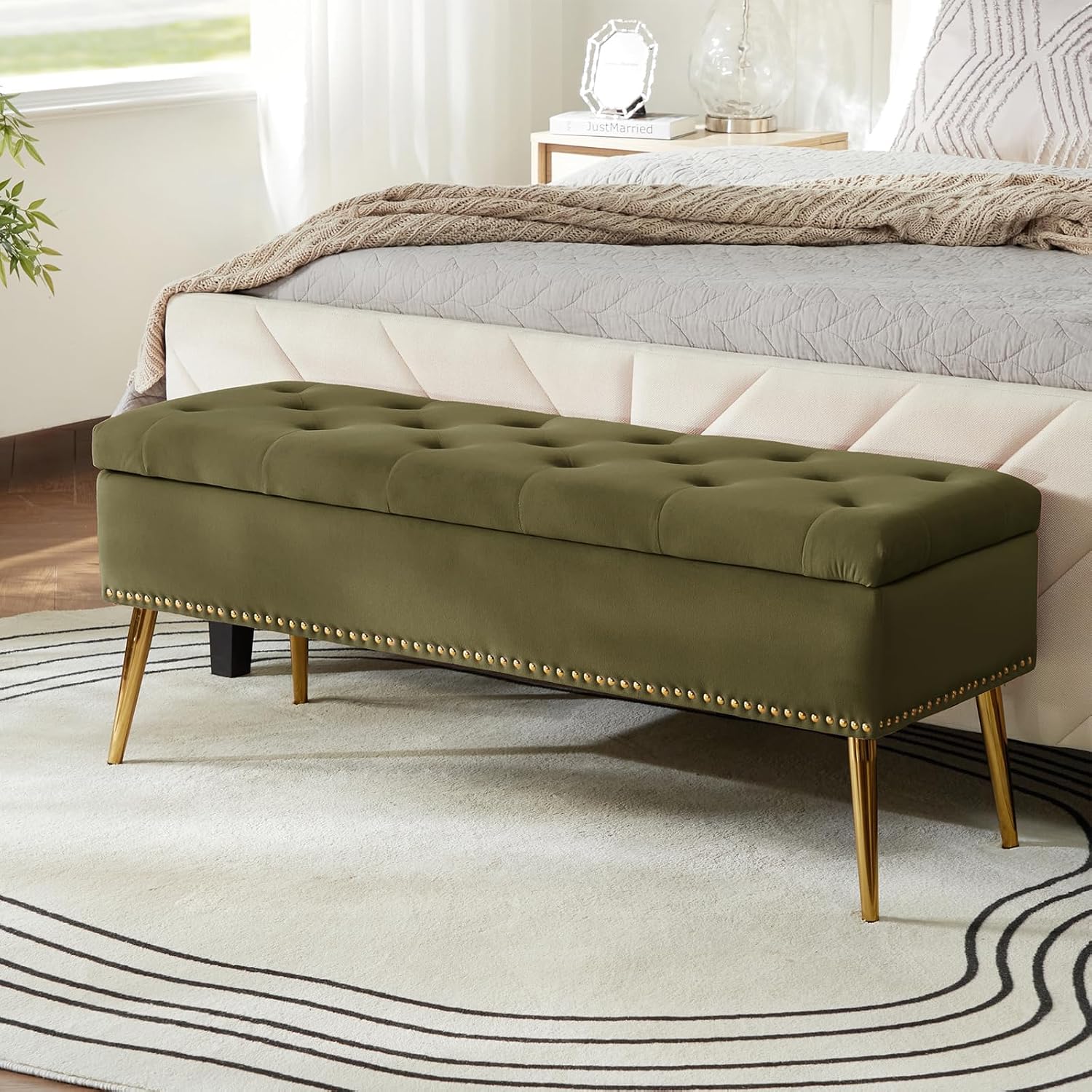 HULALA HOME Modern Velvet Storage Ottoman Bench with Gold Base & Nailhead Trim, Upholstered Bedroom Bench for End of Bed, Button-Tufted Footstool for Entryway Living Room Dining Room, Moss
