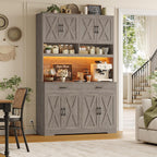 HOSTACK Modern Farmhouse Pantry Cabinet, 75" Tall Kitchen Pantry Storage Cabinet with Charging Station, RGB LED Light, Multi-Purpose Kitchen Storage Hutch Cabinets with Adjustable Shelves, Ash Grey