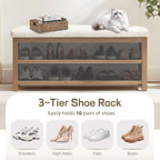 Zihanhome 2 Tier Shoe Rack Bench with Cushion, Solid Wood Shoe Benches, Mid-Century Modern Shoe Storage Bench for Entryway, Hallway, Living Room, Closet, Front Door Entrance, (Beige, 46.5")