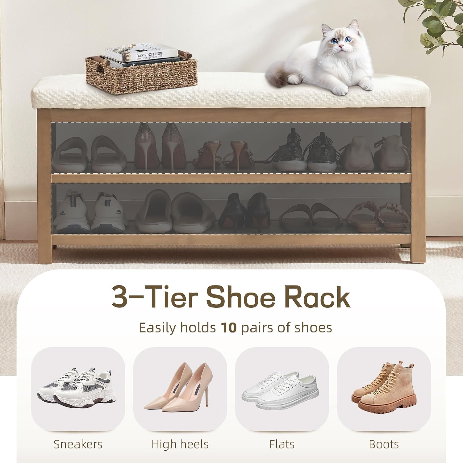 Zihanhome 2 Tier Shoe Rack Bench with Cushion, Solid Wood Shoe Benches, Mid-Century Modern Shoe Storage Bench for Entryway, Hallway, Living Room, Closet, Front Door Entrance, (Beige, 46.5")