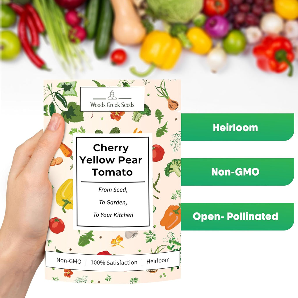 Woods Creek Seeds: Yellow Pear Tomato Seeds for Planting - Heirloom Tomato Seeds for Planting Outdoors, Indoors, Patio or Home Plant Garden - Non-GMO Seed Pack of Indeterminate Pear-Shaped Tomatoes