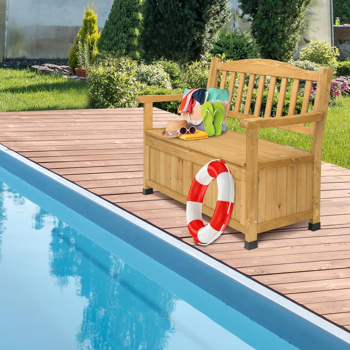 Fir Wood Outdoor Storage Bench, 2-Seater High Backrest Patio Loveseat with Armrest, Large Waterproof Deck Storage Box, Multipurpose Weather Resistant Organizer Bench