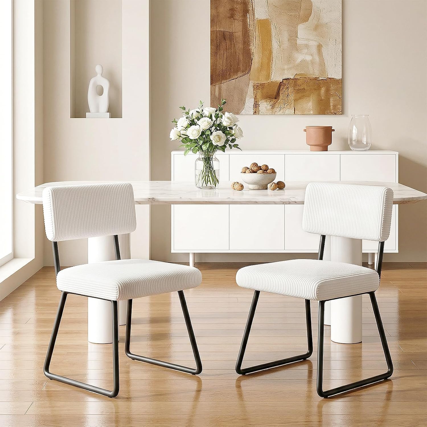 Dining Chairs Set of 2, Upholstered Velvet Dining Room Chairs Kitchen Chairs with Thick Cushion, Soft Backrest, Metal Legs, Modern Accent Side Chair for Home Living Room Bedroom, White