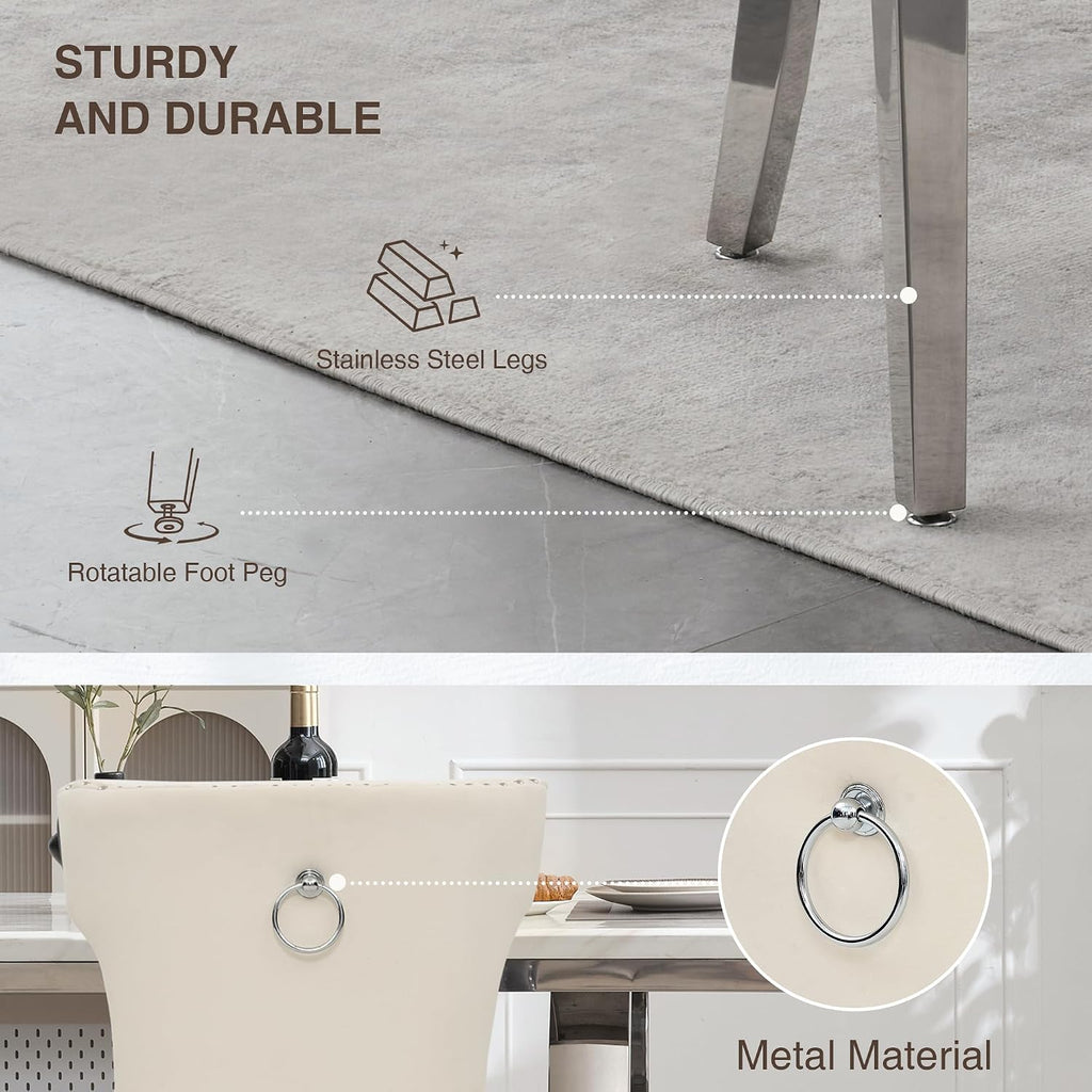 adochr Velvet Dining Chairs Set of 2, Upholstered Kitchen Chairs with Mteal Legs, Modern Button Tufted Back with Square Pull Ring Trim for Dining Room, Beige