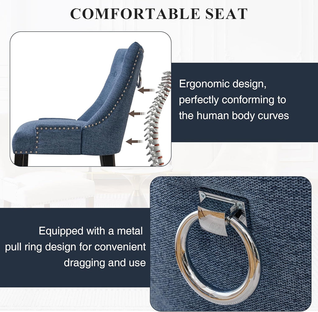 adochr Dining Chairs Set of 6, Upholstered Fabric Dining Room Chairs with Nailhead High Back & Ring Pull & Wooden Legs, Mid-Century Modern Kitchen Chairs for Restaurant, Living Room, Navy Blue