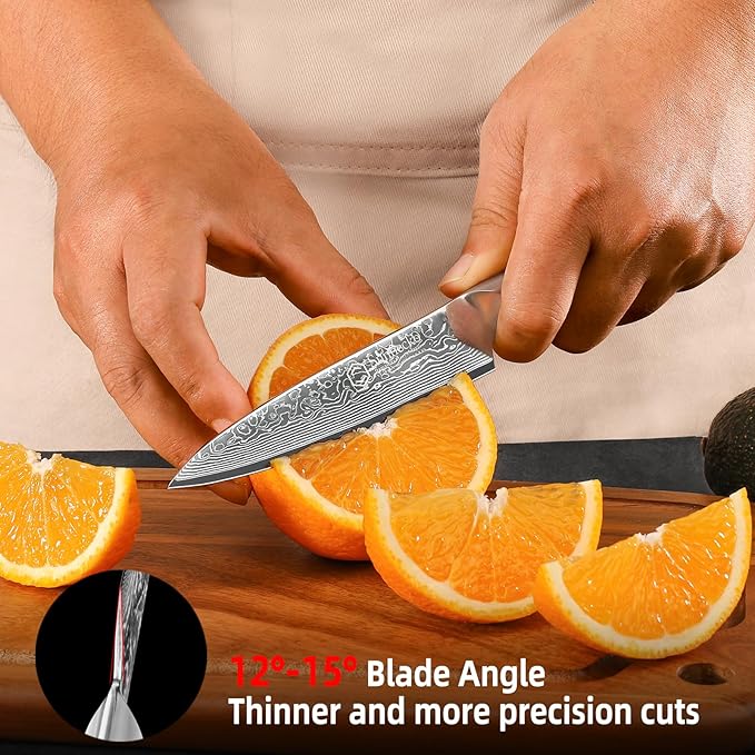Sunnecko Paring Knife 5 Inch, Small Kitchen Knife with VG10 Damascus Steel Utility Knife with Solid Handle Fruit Knife Perfect for Cutting Fruit and Vegetables Peeling Knife with Gift Box Petty Knife
