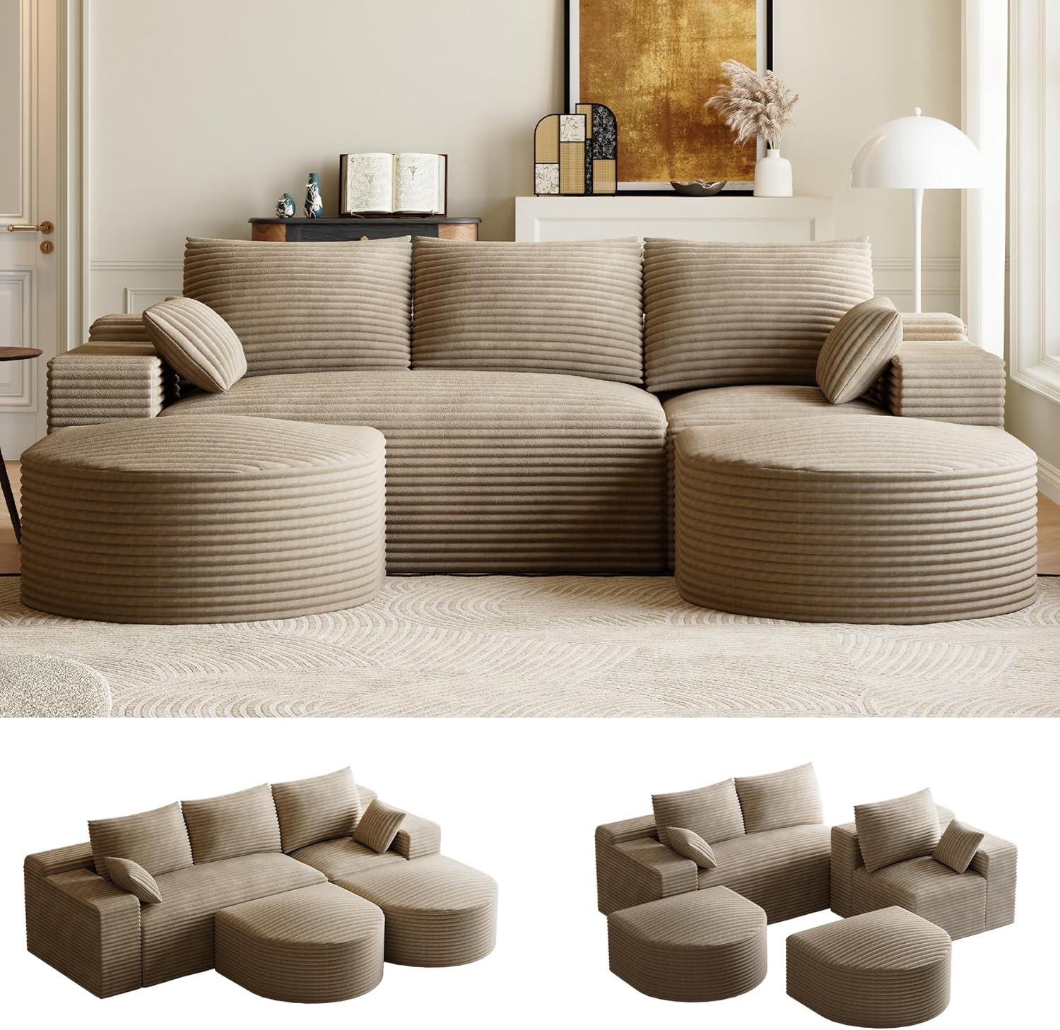 108" U-Shaped Couches for Living Room,Comfy Fluffy Cloud Sectional Couch with Curved Ottoman, Modern Plush Corduroy Deep Seat Modular Sectional Sofa for Small Spaces, Light Brown