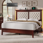 Lifezone Solid Wood Queen Bed Frame 41.5” Tall Diamond-Tufted Upholstered Headboard, American Classic Flat-Top Bed, Stable Structure, Wood Slats Support, Noise-Free, No Box Spring Needed, Redish Brown