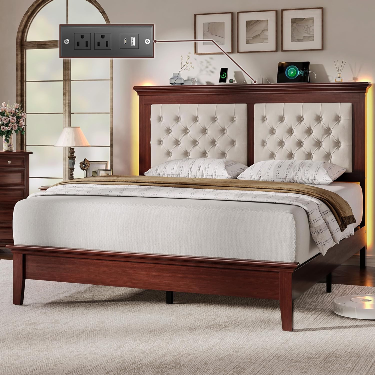 Lifezone Solid Wood Queen Bed Frame 41.5” Tall Diamond-Tufted Upholstered Headboard, American Classic Flat-Top Bed, Stable Structure, Wood Slats Support, Noise-Free, No Box Spring Needed, Redish Brown