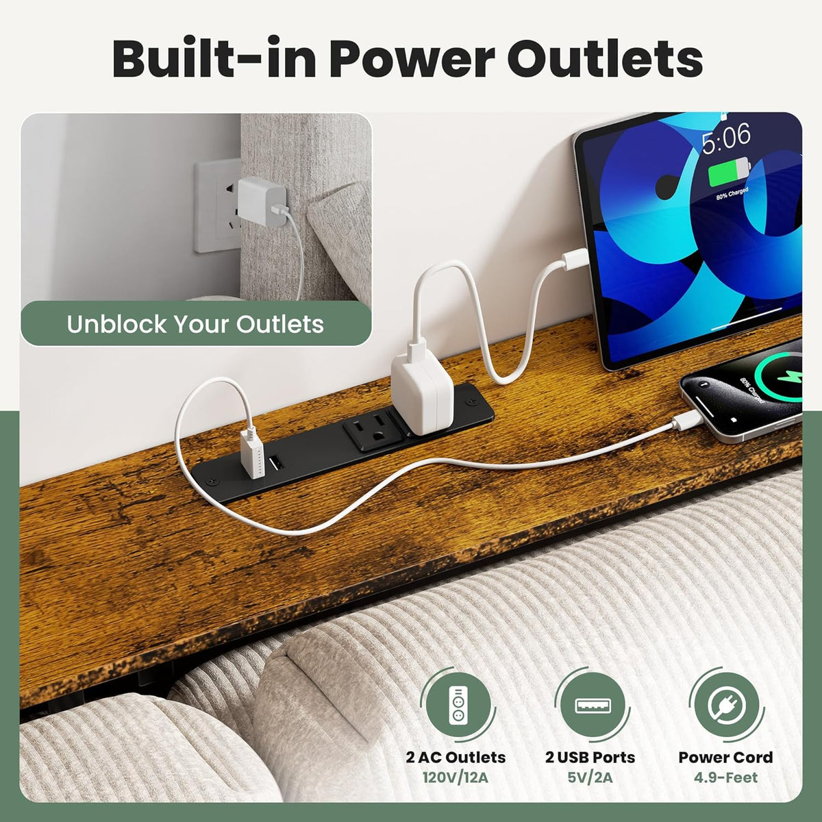 GRLEAF 102" Sofa Table with Built-in Power Strip (4 AC Outlets & 4 USB Ports) – 4.9ft Power Cord, Metal Frame, Easy Assembly, Long Couch Table Behind Sofa, Living Room and Home Office | Rustic Brown