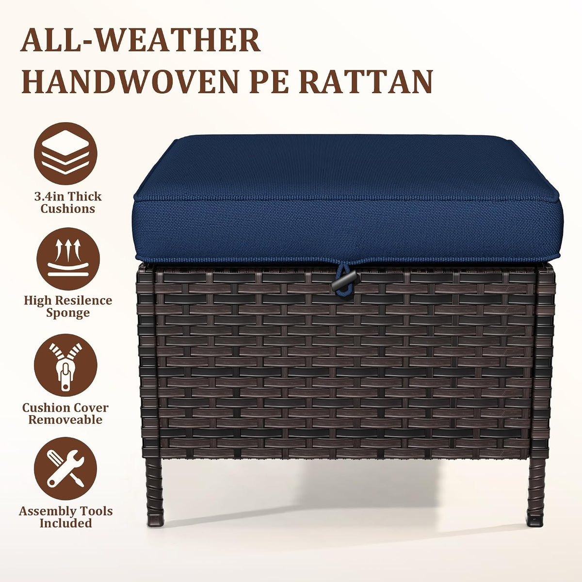 Outdoor Patio Ottoman Set of 2, All Weather Rattan Wicker Ottoman Seat, Outdoor Footstool Footrest Seat for Patio, Backyard, Poolside, Garden