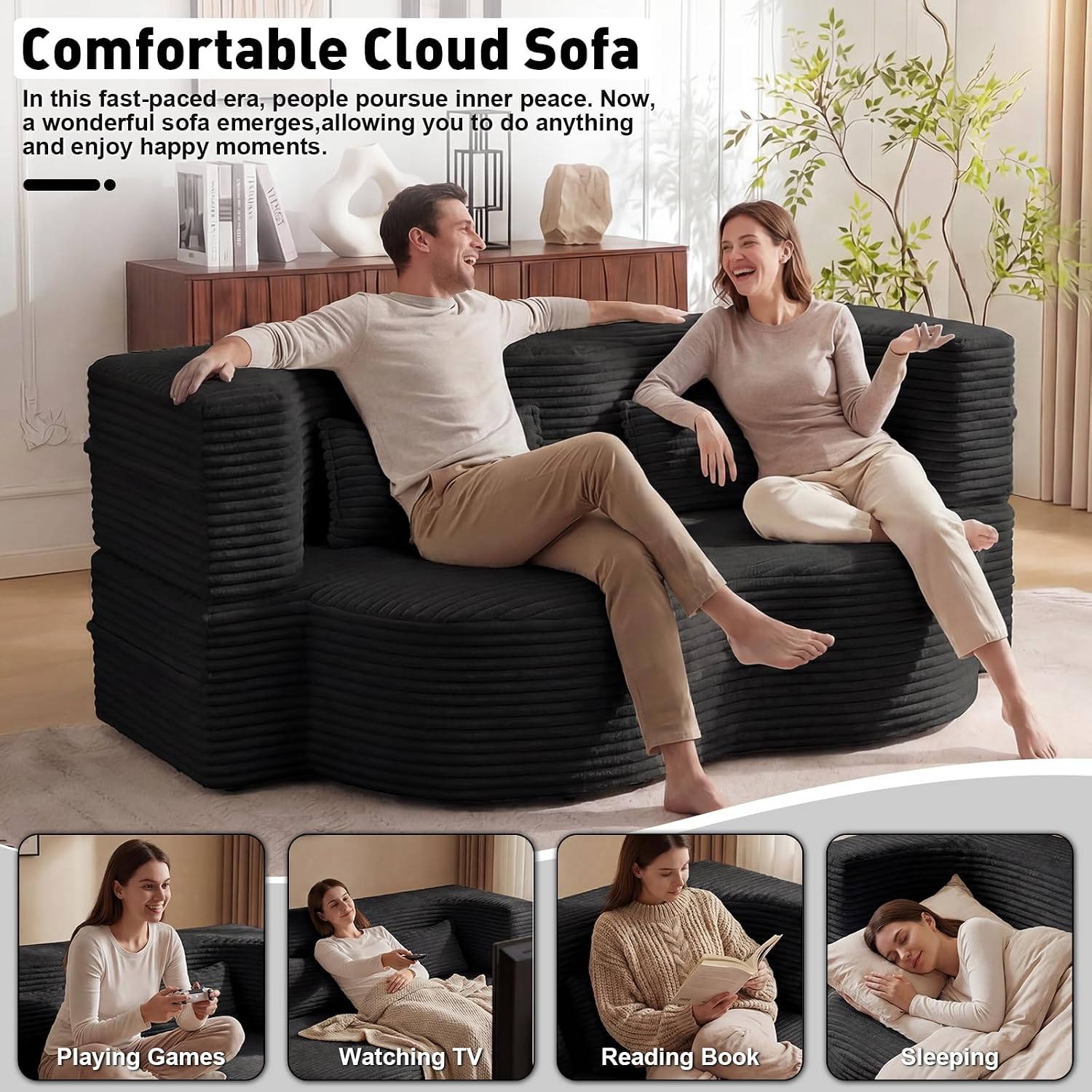 78" Full Size Convertible Futon Sofa Bed, Corduroy Folding Sleeper Sofa Bed with 2 Pillow, Foam Mattress Couch Bed, No Assembly Loveseat Couches for Living Room Apartment, Space‑Saving, Black