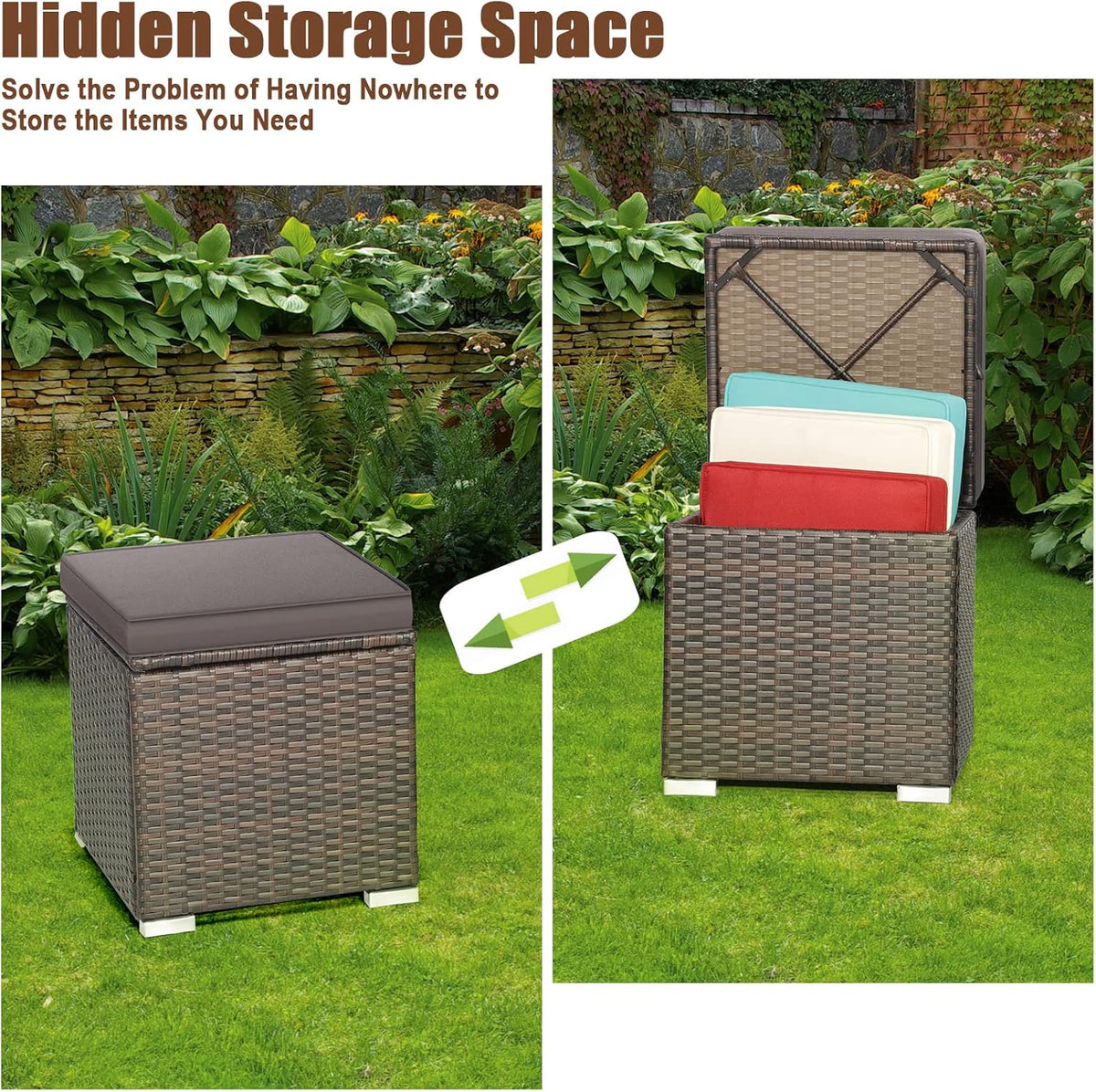 DORTALA Outdoor Storage Ottoman Wicker 2 Piece, Patio Ottomans PE Rattan Foot Rest Footstool with Cushions for Couch, Chair, Grey