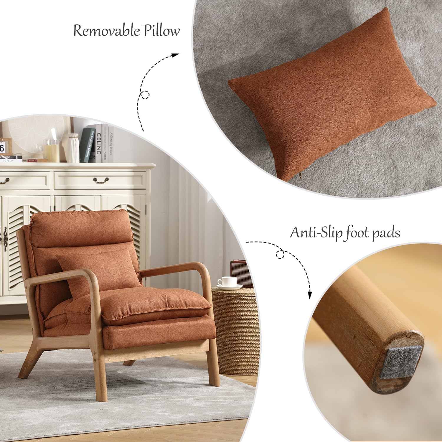 INZOY Mid Century Modern Accent Chair with Wood Frame, Upholstered Reading Armchair with Waist Cushion, Double Padded Accent Chair, Side Chair for Living Room Bedroom Office, Easy Assembly, Brown