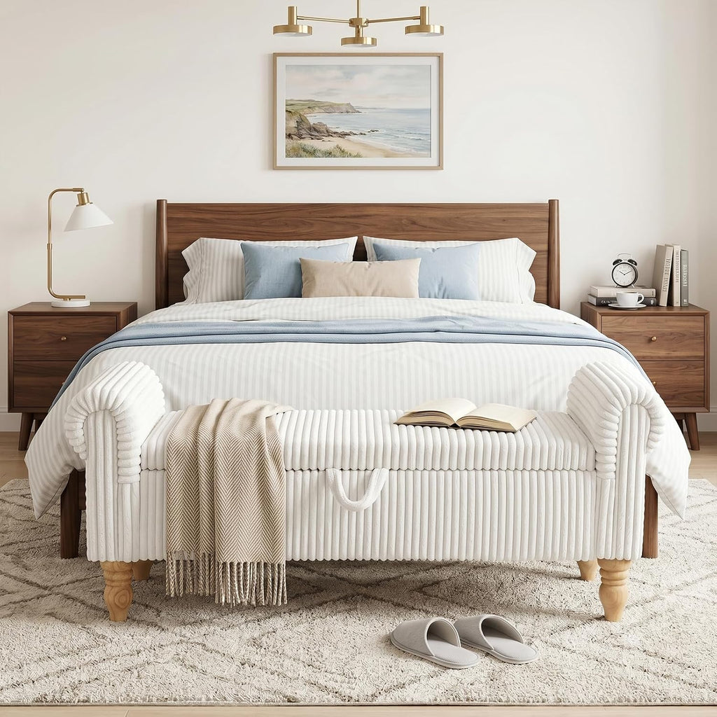 55" Storage Ottoman Bench, Corduroy End of Bed Bench for Bedroom, White | Upholstered Entryway Bench with Seating, Solid Wood Legs, Rolled Arm, for Bedroom Living Room Window Hallway, up to 285 lbs