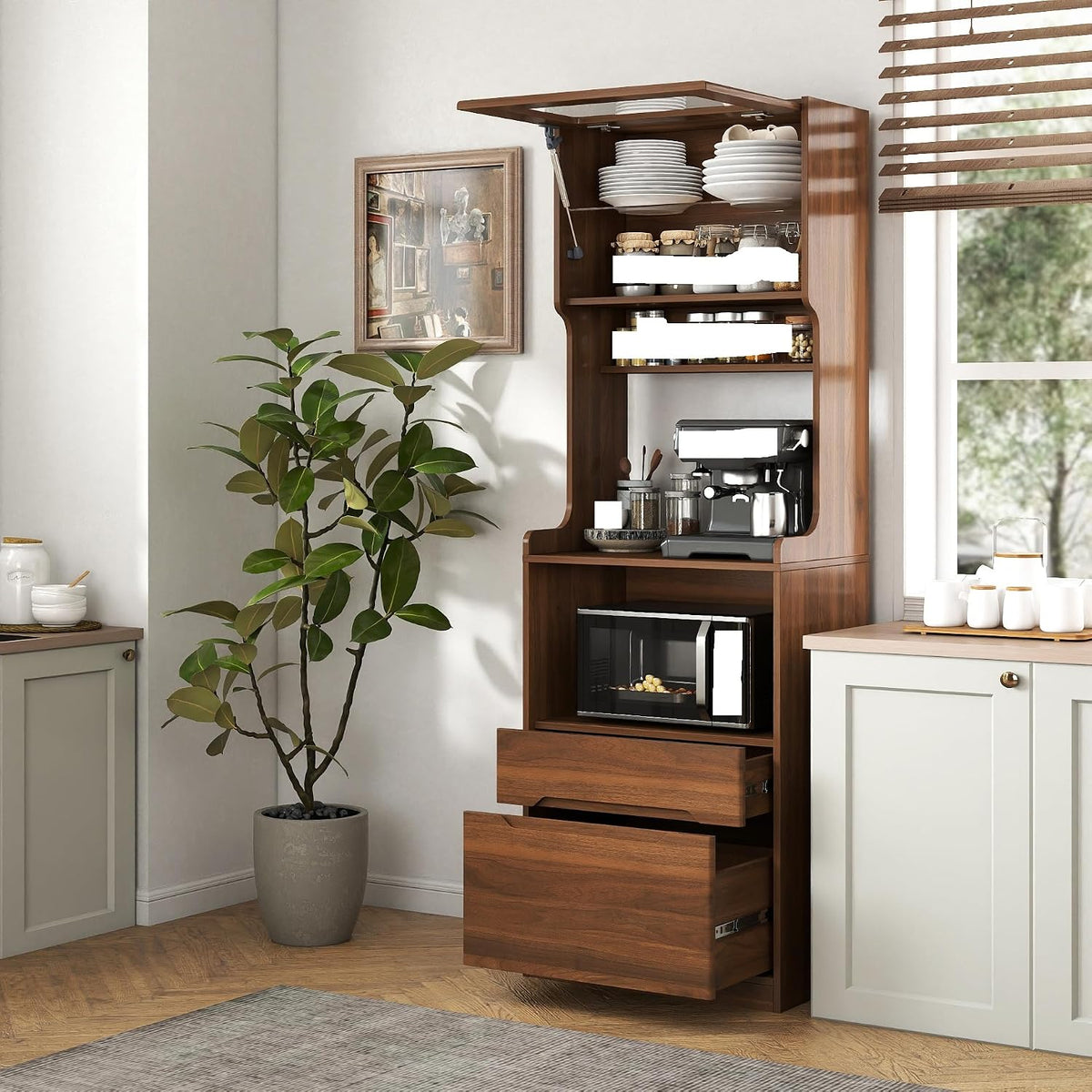 Farmhouse Kitchen Pantry Storage Cabinet with Microwave Stand - Freestanding Buffet Hutch Sideboard with 2 Drawers, Open Coffee Bar Shelf & Cable Hole, Wood Buffet Server for Dining Room & Kitchen