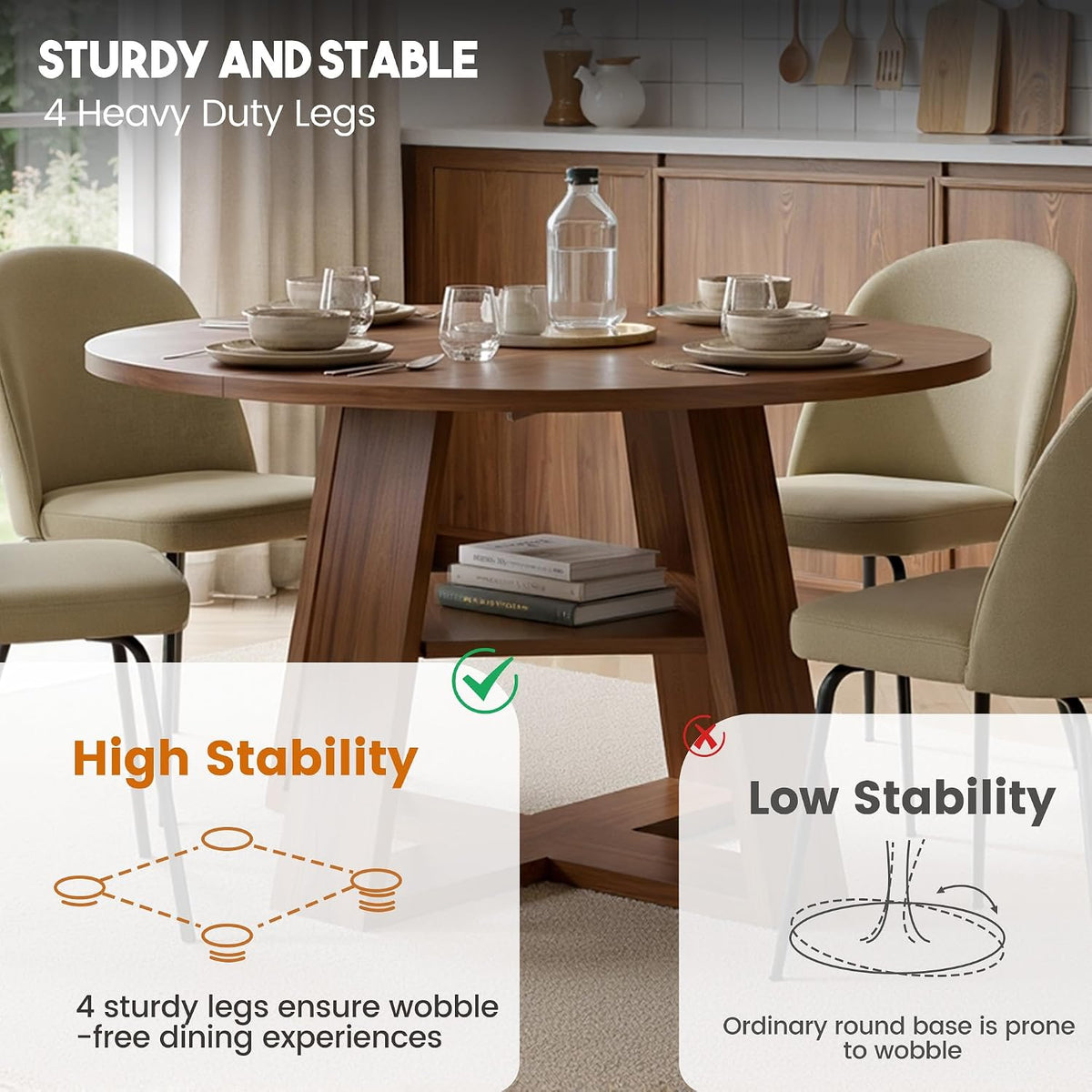 Miereirl Round Dining Table Set for 4, 43.31 Inch Round Kitchen Table and Chairs Set with Storage Shelf, Space Saving Dining Room Table Set, Modern Dining Set for Apartment, Kitchen, Dining Room