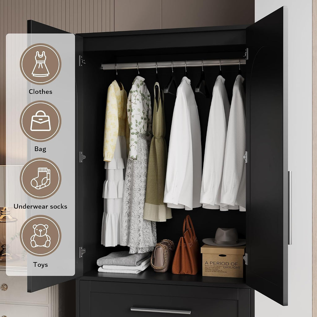 iPormis Wooden Armoire Wardrobe Closet with 2 Drawers, Clothing Storage Cabinet with Shelves Aluminum Hanging Rod, Wardrobe Storage with Strong Door Closure, Modern Bedroom Clothing Armoires, Black