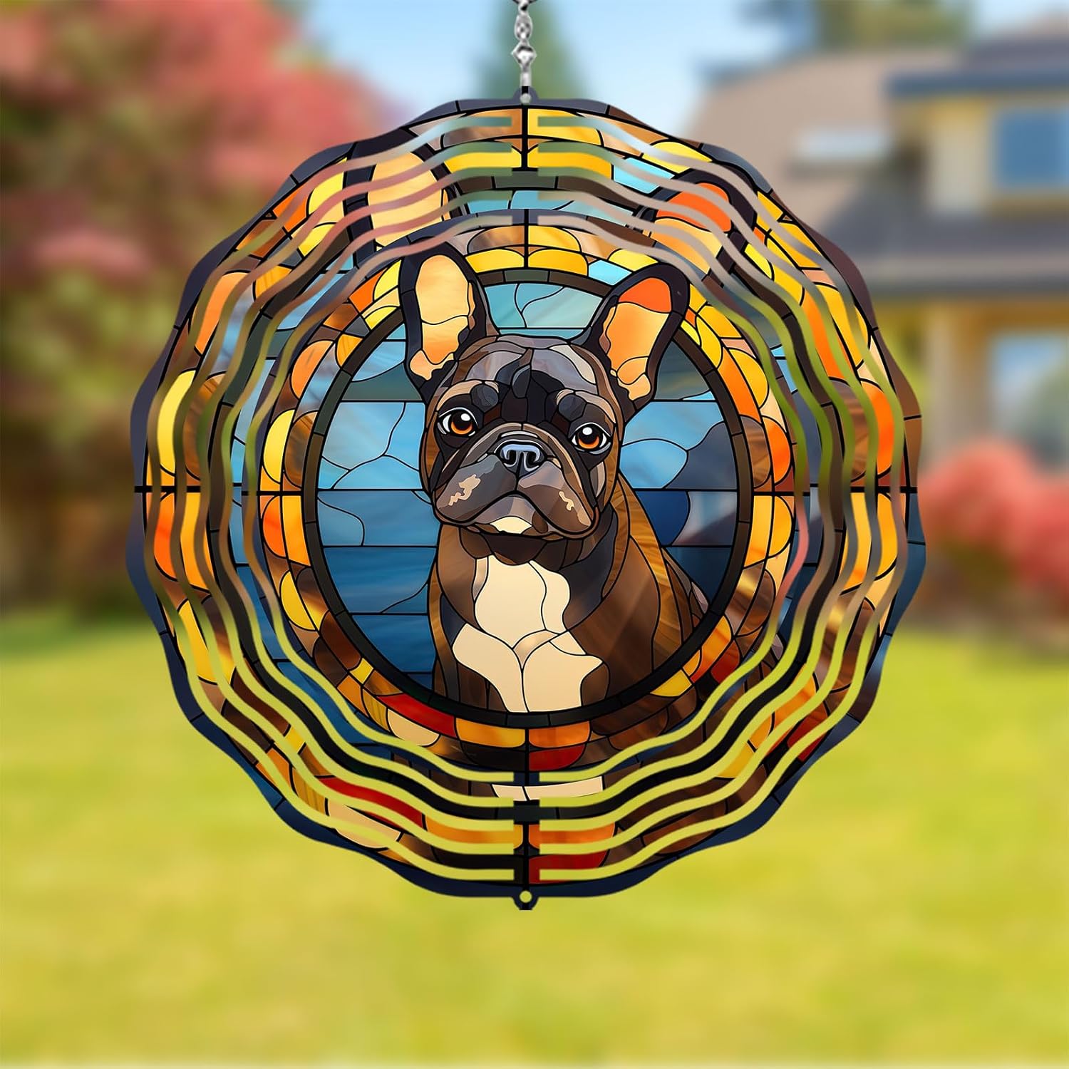 French Bulldog Wind Spinner Pet Dog Memorial Gifts 3D Aluminum Metal Kinetic Hanging Wind Sculpture Spinners for Yard and Garden Indoor Outdoor Window Garden Decoration 8 Inch (French Bulldog 2)