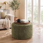 Upholstered Round Green Pouf Ottoman, Modern Footstool | Chenille Footrest with Soft Padded Seat & Wood Frame, Sage Green Ottoman, Accent Vanity Stool for Living Room and Bedroom