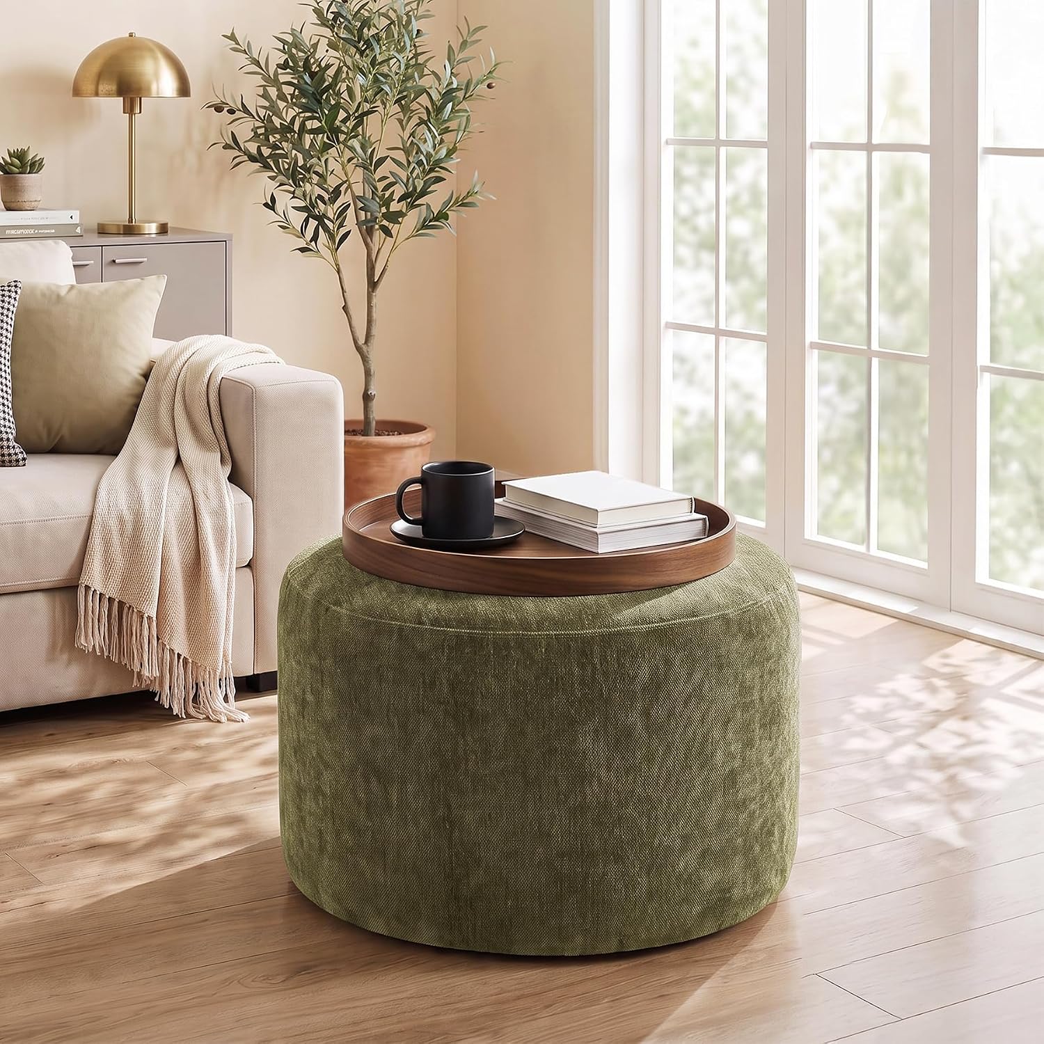 Upholstered Round Green Pouf Ottoman, Modern Footstool | Chenille Footrest with Soft Padded Seat & Wood Frame, Sage Green Ottoman, Accent Vanity Stool for Living Room and Bedroom