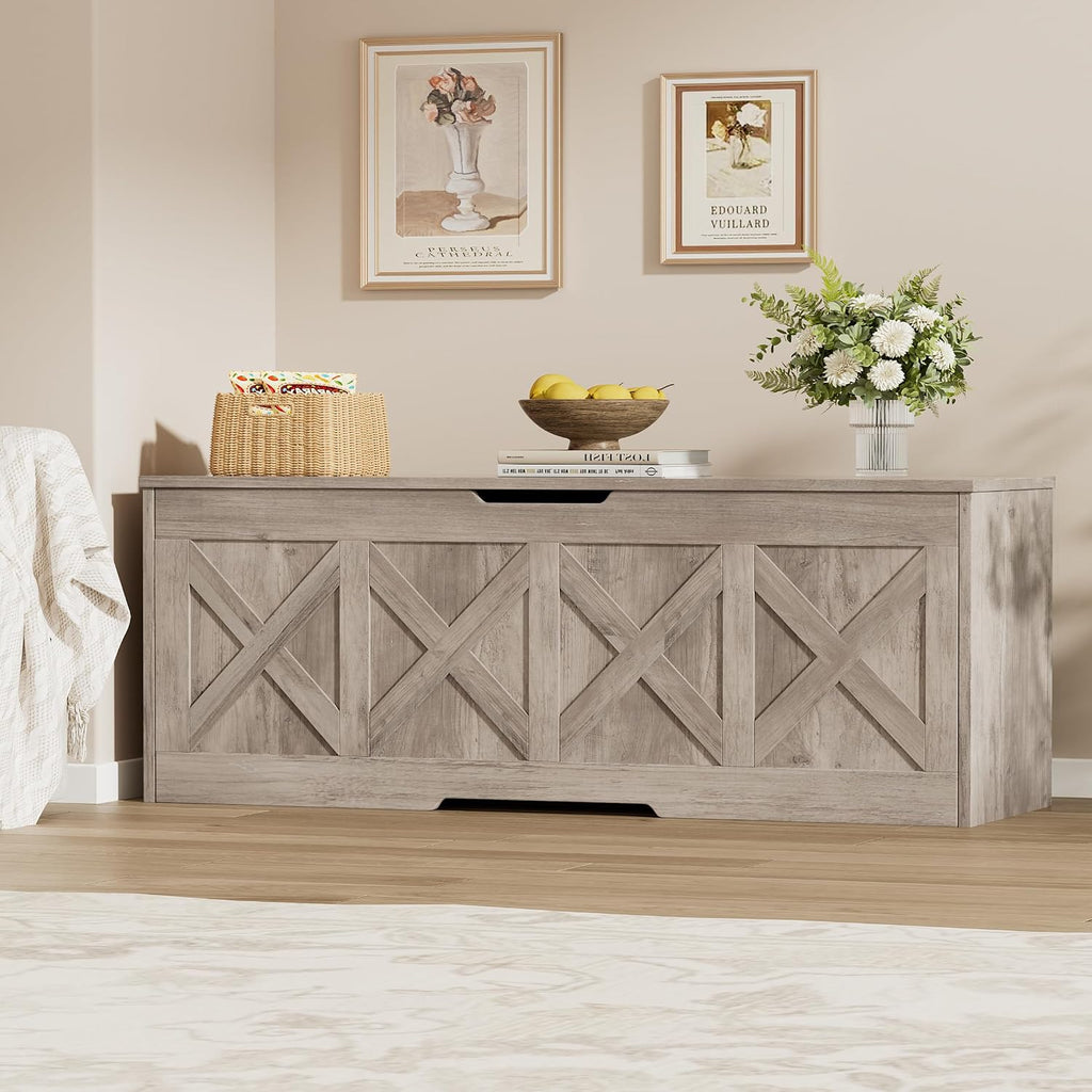 Homleke 47.2" Extra-Large Wooden Storage Chest, Farmhouse Storage Bench | with Safety Hinge, Easy Assembly, for Bedroom, Living Room & Entryway, Greige
