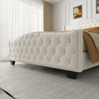King Size Bed Frame with Tall 51.2" Wingback Headboard, Luxury Platform Bed with Velvet Upholstered Footboard, Deep Button Tufted, Nailhead Trim, No Box Spring Needed, Easy Assembly, Cream