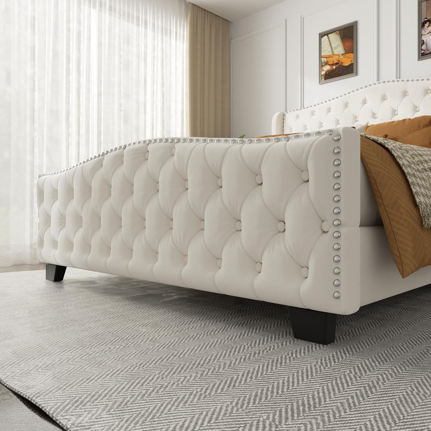 King Size Bed Frame with Tall 51.2" Wingback Headboard, Luxury Platform Bed with Velvet Upholstered Footboard, Deep Button Tufted, Nailhead Trim, No Box Spring Needed, Easy Assembly, Cream