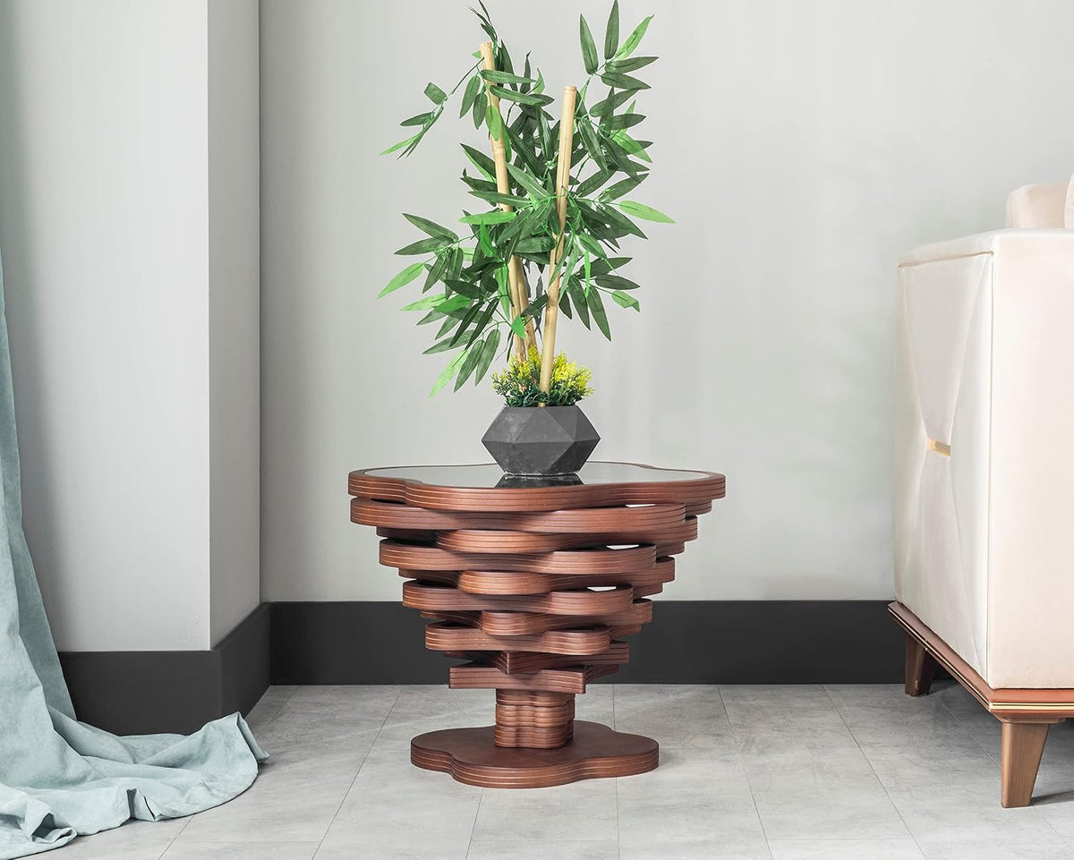 Cloud Side Modern Wood Side Table – Layered Cloud-Like Shape with Smoked Glass Top, Elegant Walnut Finish