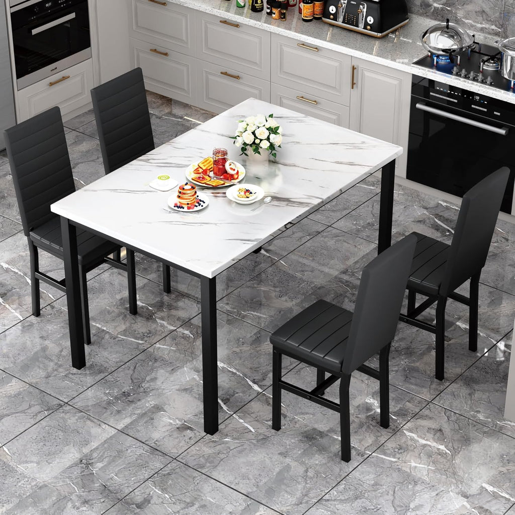 Recaceik 5-Piece Small Dining Table Set for 4, Modern Faux Marble Kitchen Table with 4 Upholstered PU Leather Chairs, Dining Room Table Set for Dinette, Breakfast Nook & Small Spaces, Black