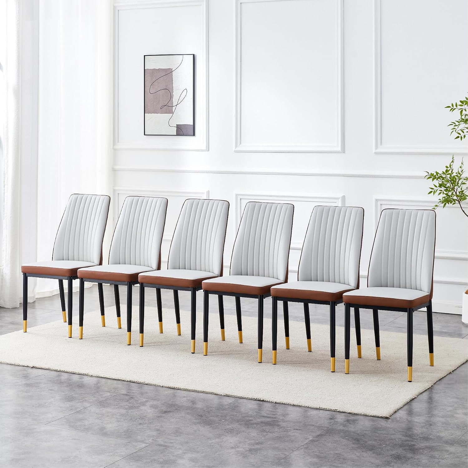 Upholstered Dining Chairs Set of 6, Mid-Century Modern Leather Dining Room Chair with Metal Legs & Padded Seat, Stylish Elegant Living Room Accent Chair (Brown-Grey, Set of 6)