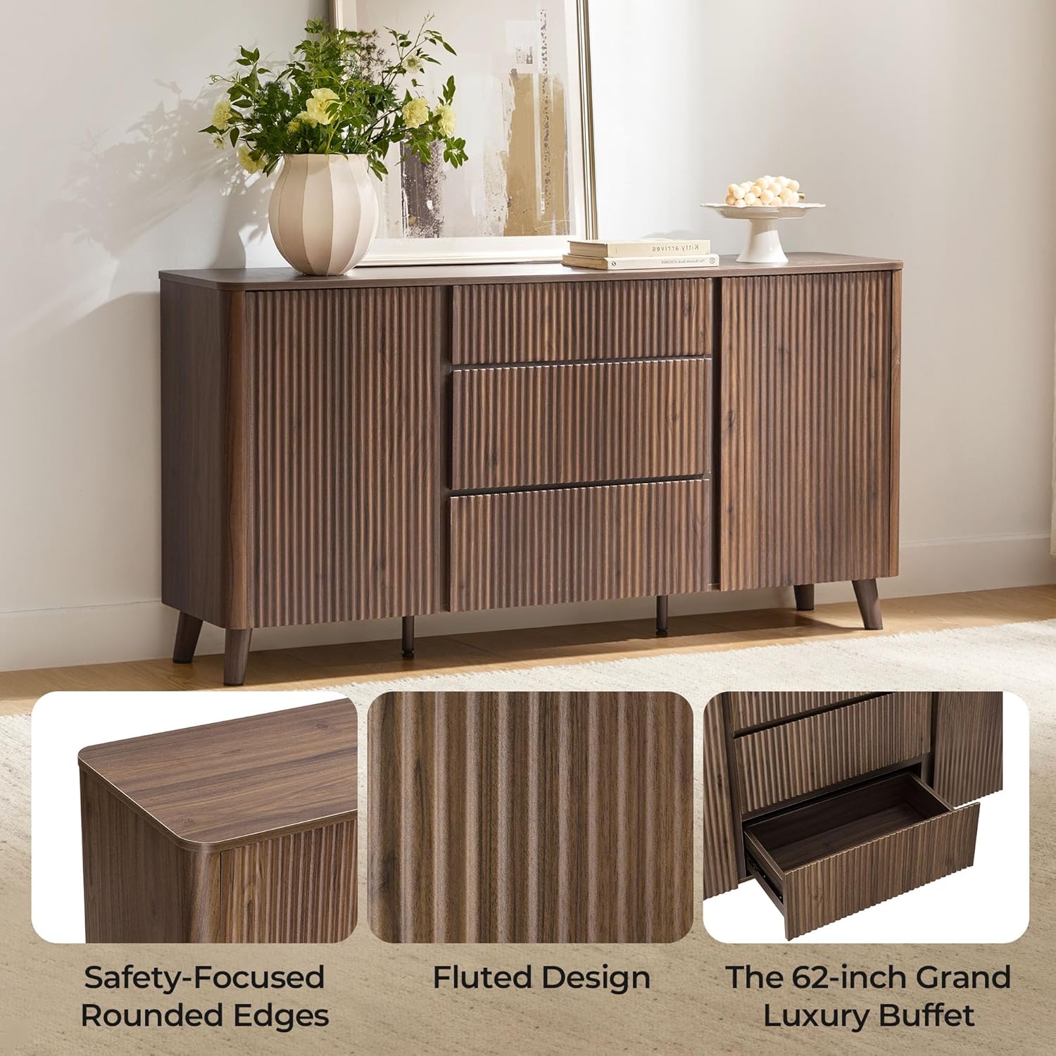 CHITA 62" Sideboard Buffet Cabinet with Storage, Living Room Accent Cabinet with Drawers, Doors and Adjustable Shelves, for Bar, Kitchen, Walnut