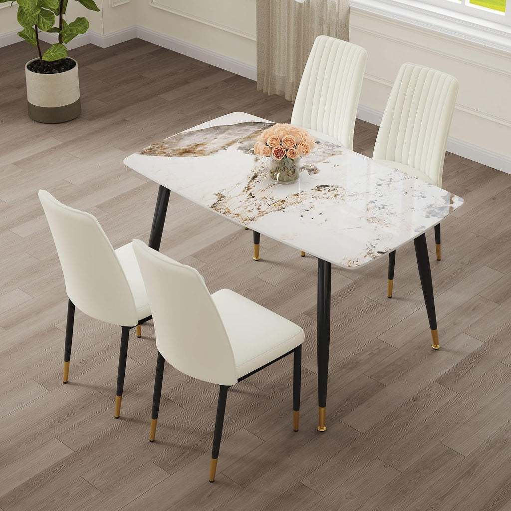 5 Pieces Modern Sintered Stone Dining Table Set 50" Rectangular Faux Marble Tabletop Kitchen Table with 4 PU Leather Chair Dinner Table Set(1Faux Marble Table+4 Cream White Chairs)