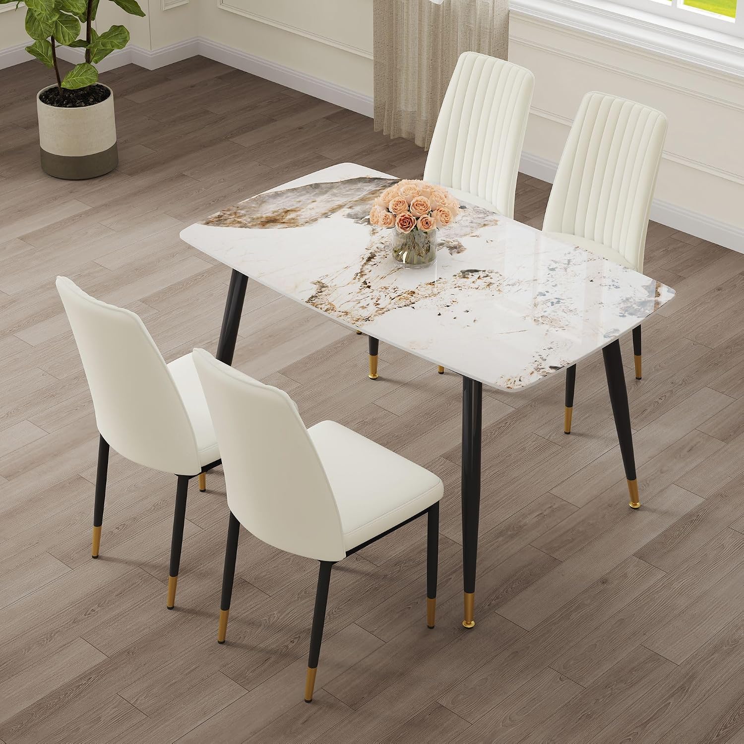5 Pieces Modern Sintered Stone Dining Table Set 50" Rectangular Faux Marble Tabletop Kitchen Table with 4 PU Leather Chair Dinner Table Set(1Faux Marble Table+4 Cream White Chairs)