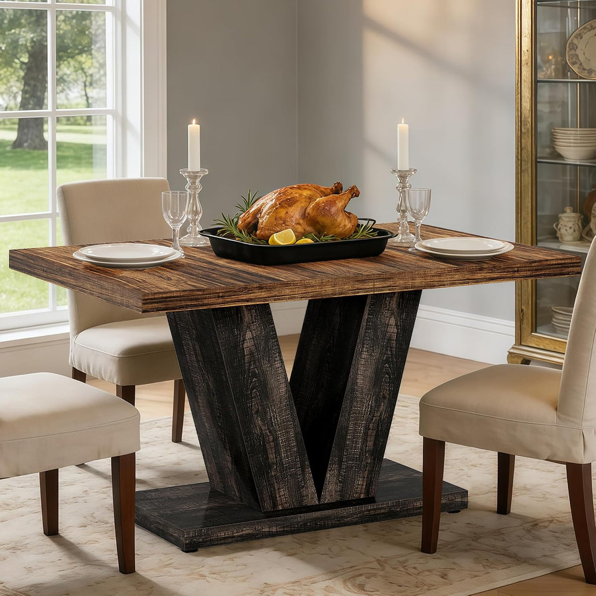 Oigavfd 47 Inch Dining Table, Rectangular Kitchen Table for 4 with Heavy Duty Pedestal Base, Modern Farmhouse Wood Dining Table for Dining Room, Kitchen, and Small Space (Black and Brown)