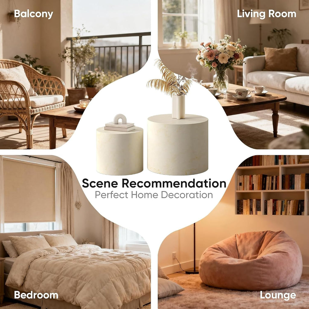 Nesting Round Coffee Table Set of 2, Accent End Table for Small Spaces, Morden Drum Side Table, Wooden Circle Center Table for Living Room, Fully Assembled - Faux Marble