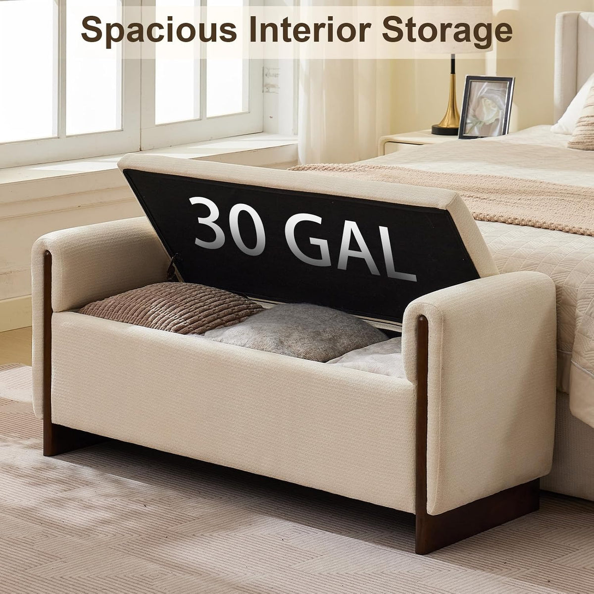 50.8 inch Storage Ottoman Bench with Armrests, Hidden Storage, Beige | End of Bed Bench, Bedroom Storage Bench , Chenille Upholstery, Solid Wood Legs, Entryway Bench, Living Room, Bedroom, Hallway