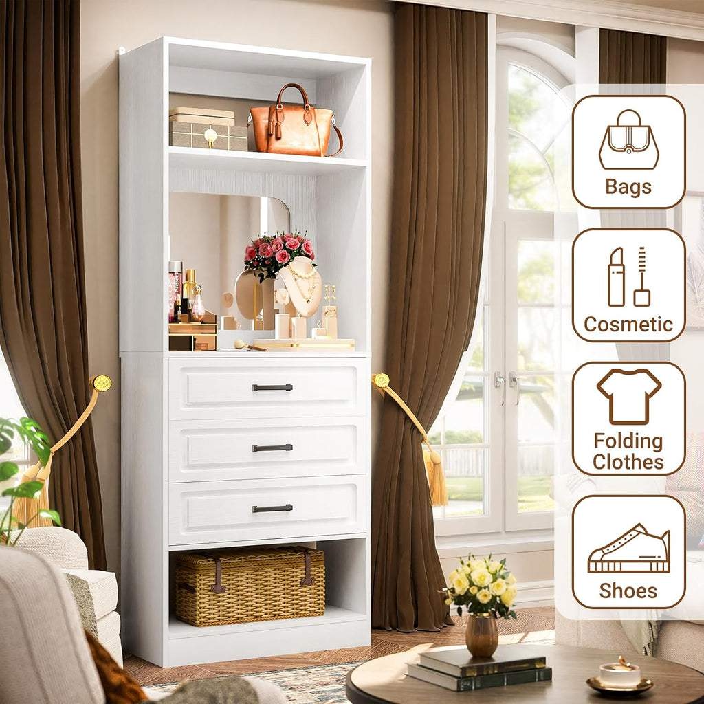 Unikito 25" Closet System with 3 Drawers and Mirror, Wardrobe, White | Freestanding storage shelves organizer, sturdy wood walk-in closet systems for small closets, 25" W x 16" D x 80" H.