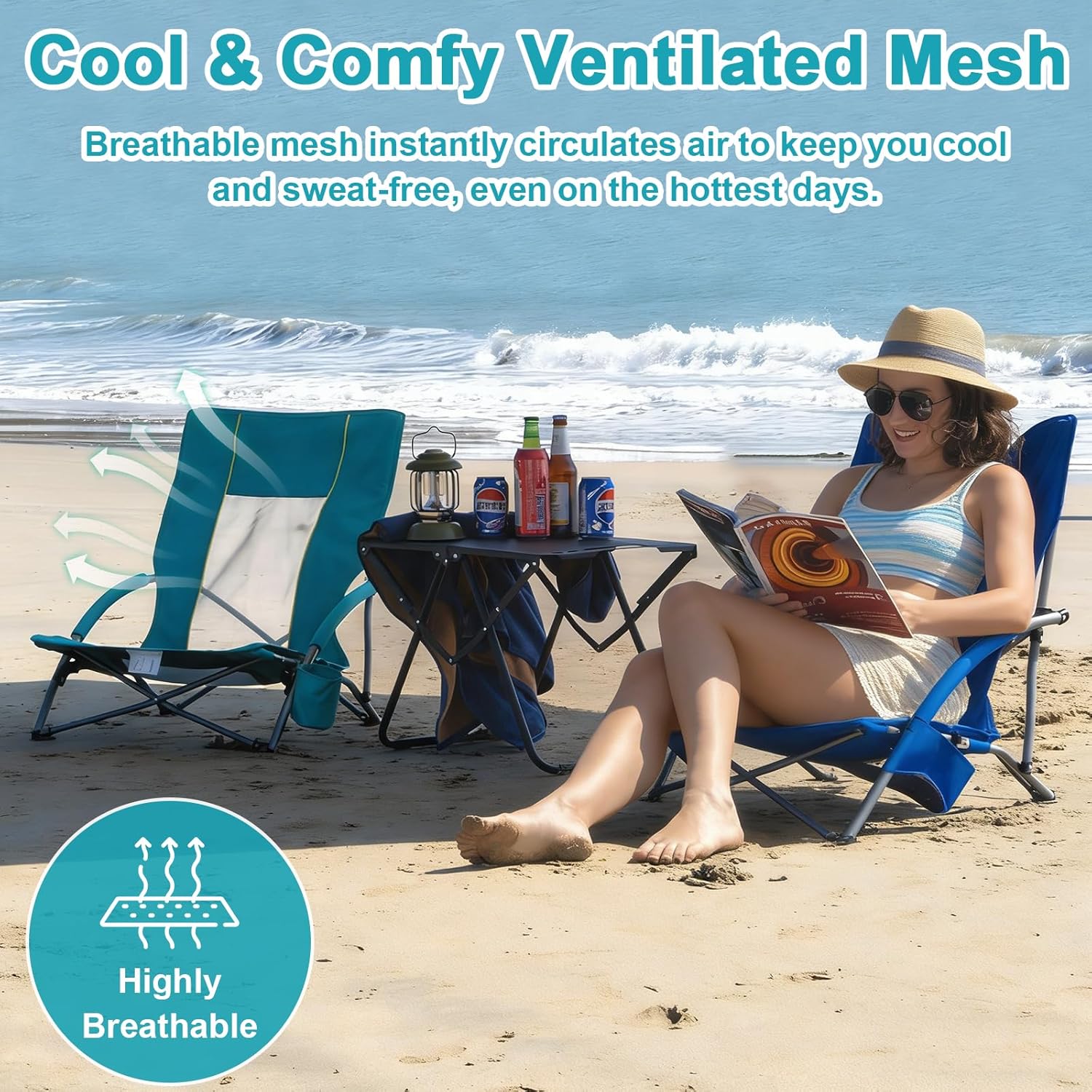 Romswi 2 Pack Lightweight Low Beach Chairs with Breathable Mesh Back, 6LBS Folding Portable Sand Chairs with Cup Holder, Heavy Duty 300lbs Capacity for Camping & Outdoor Use, Blue