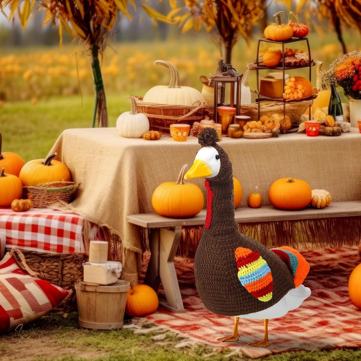Abbylike Turkey Porch Goose Outfit Fall Thanksgiving Porch Goose Outfits Costume Clothes Fits Large 23'' Cement for Garden Yard Statue Pathway Decorations